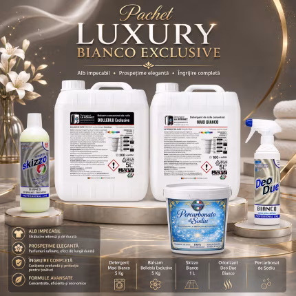 Pachet Luxury Bianco Exclusive - detergent rufe albe, balsam, odorizant și percarbonat